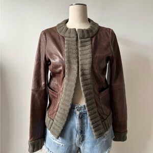 LIU-JO Leather and Knit Trim Leather Jacket - Brown S